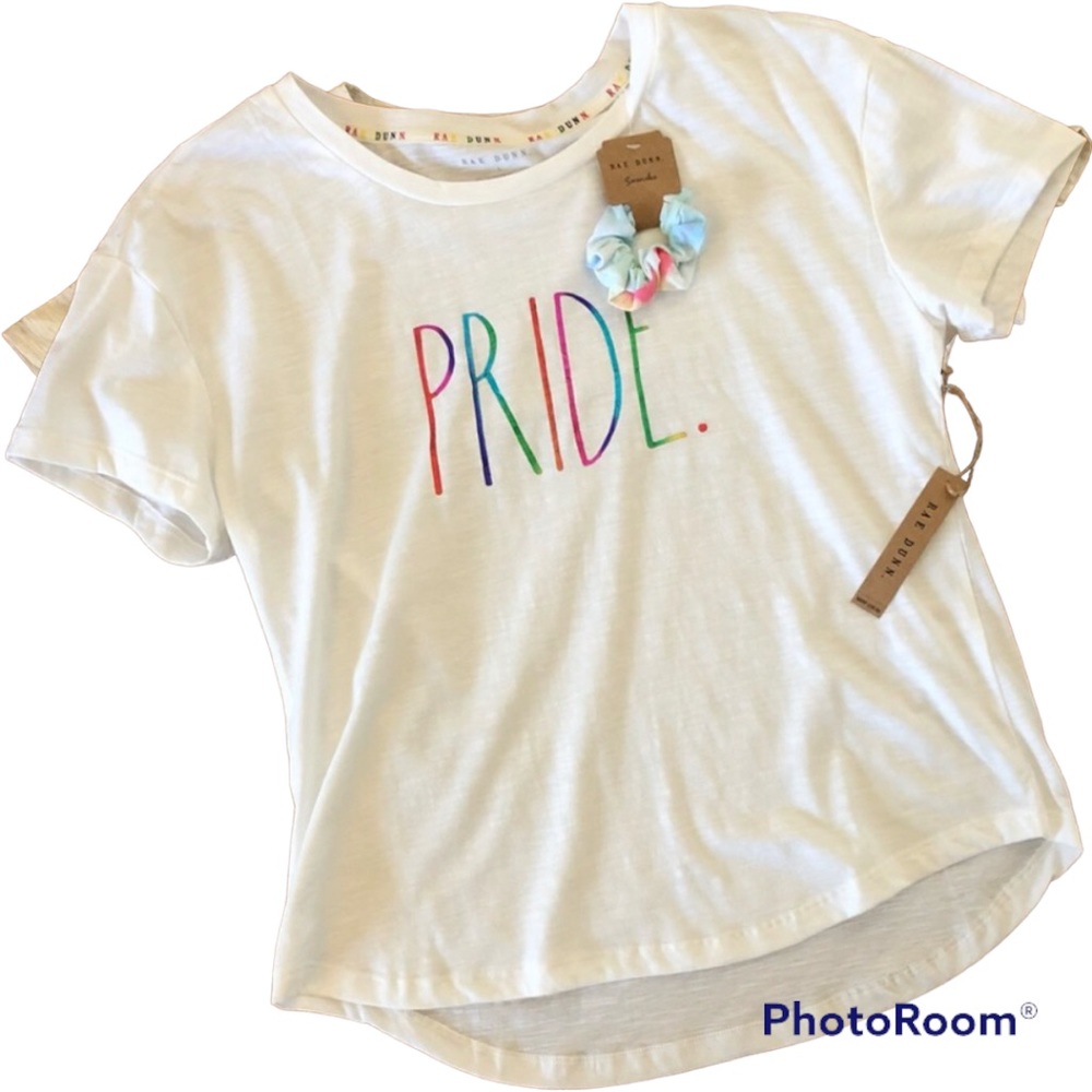 Rae Dunn 'Pride' Rainbow Foil Print T Shirt Top & Hair Scrunchie Hair Tie L Nwt